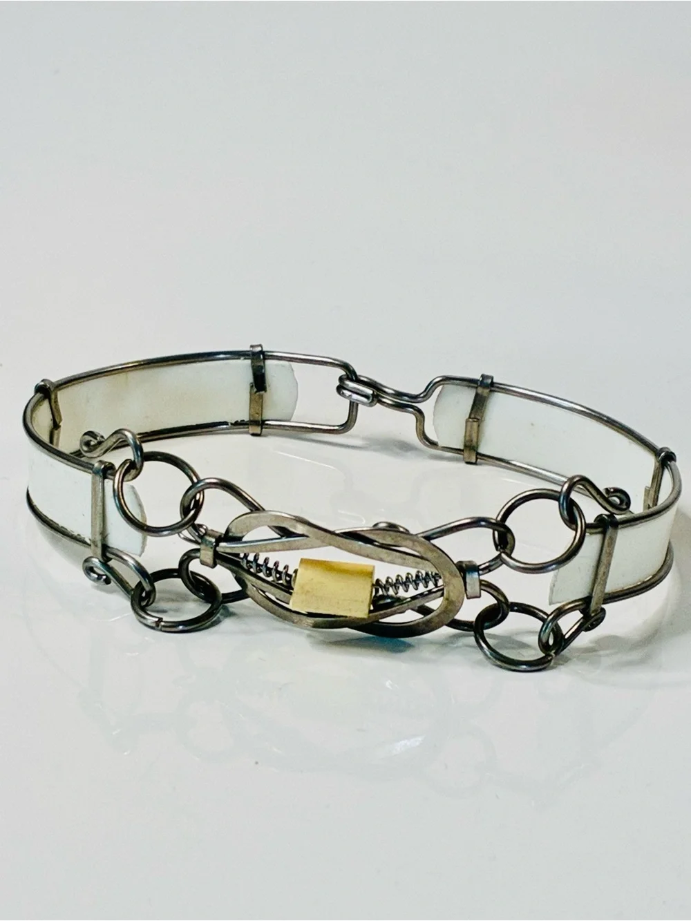 Vintage Silver-Tone Link Bracelet with Cream Resin Inlays Steampunk Lightweight